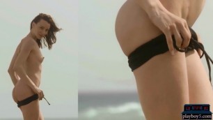 Petite brunette model Adel Morel strips naked outdoor
