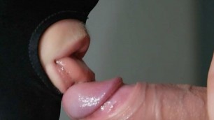 Perfect close-up blowjob by masked Milf